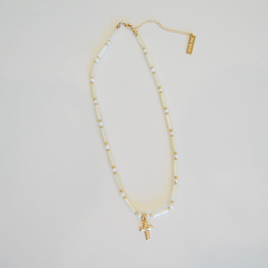 Iridescent Shell and Pearl Cross Necklace