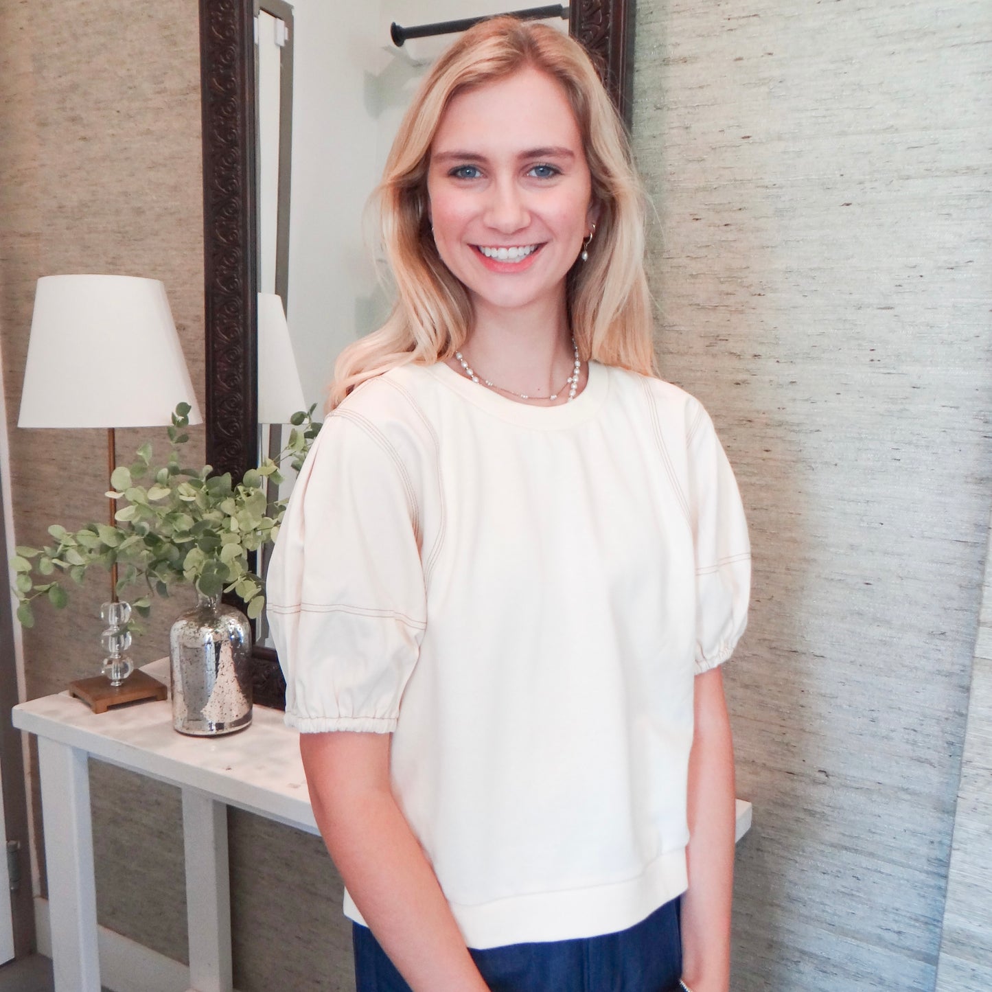 Ecru Top with Denim Details