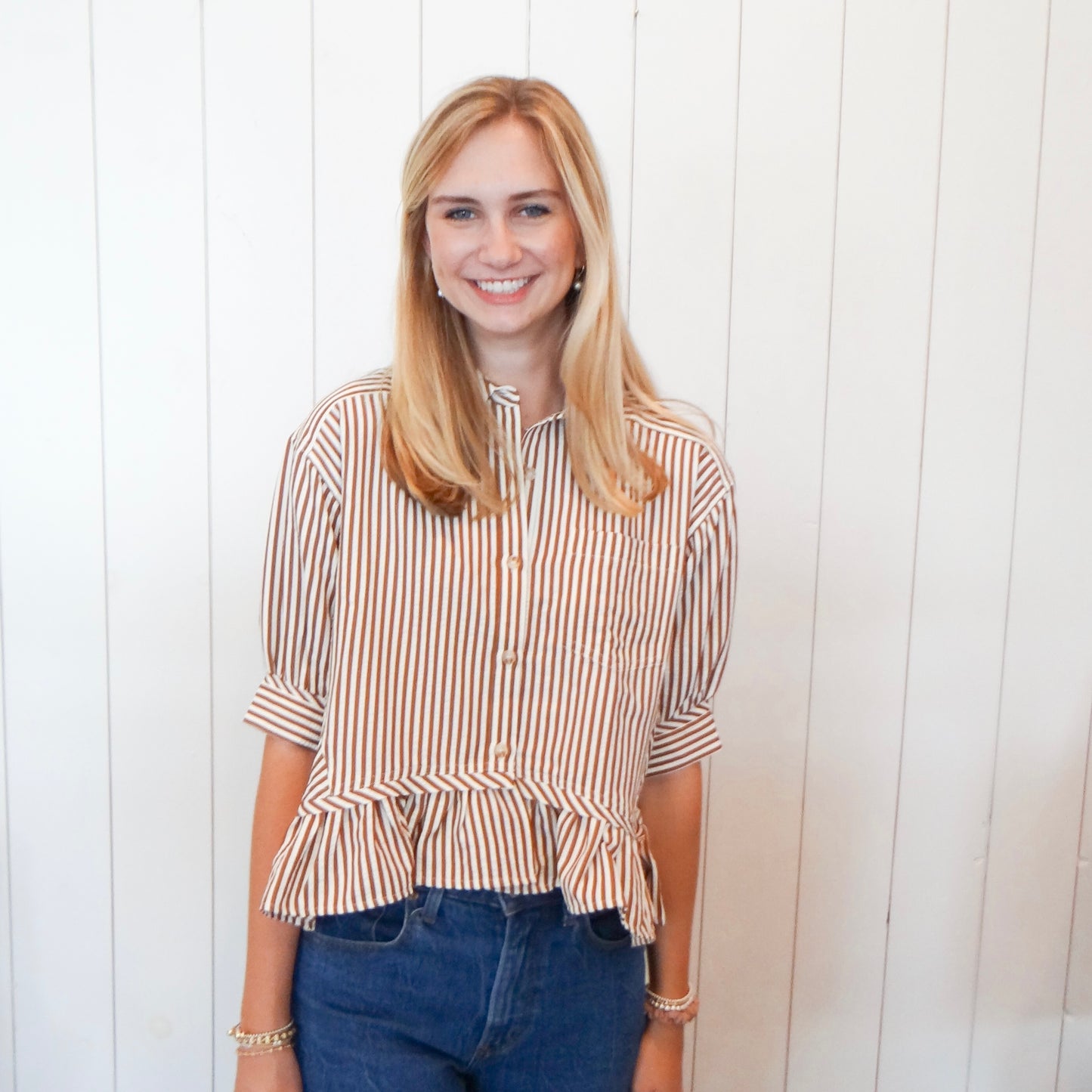 Brown Striped Ruffle Top