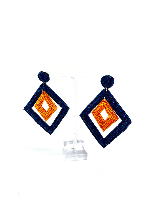 Orange and Navy Blue Beaded Diamond Drop Earring