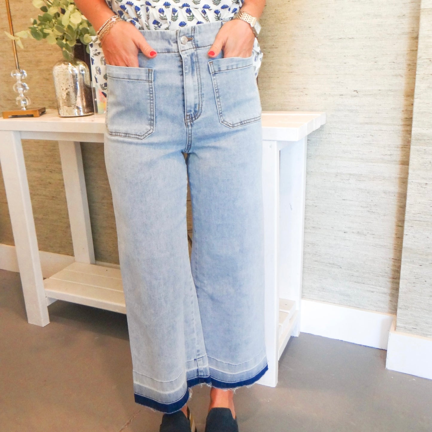 Washed Denim Cropped Pants