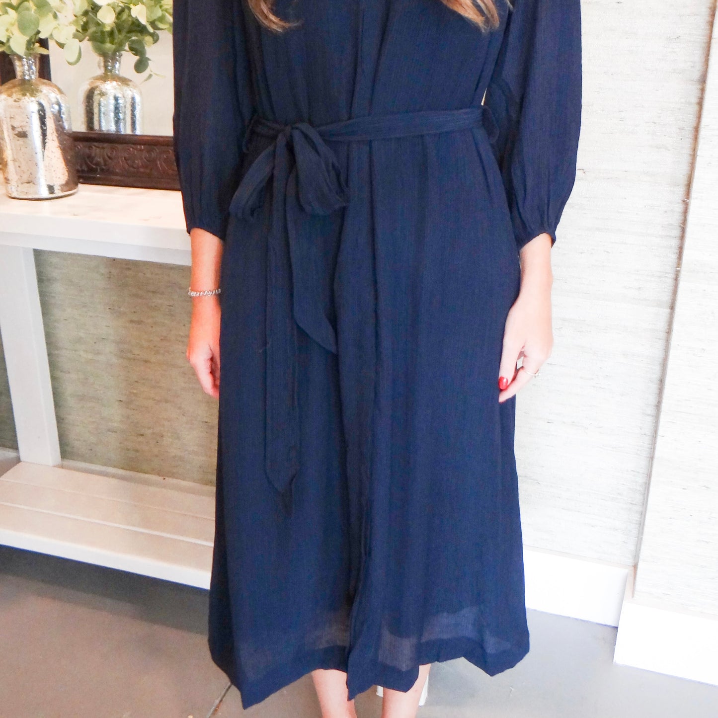 Navy Crinkle Midi Dress