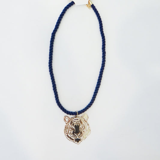 Navy Cord Tiger Charm Necklace