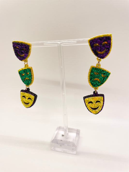Mardi Gras Mask 3 Tiered Drop Earrings