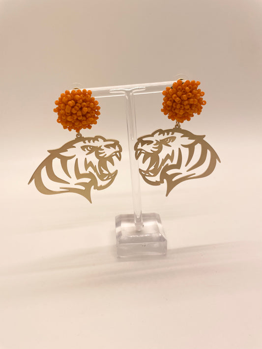 Gold Metal Tiger Drop Earrings with Orange Beads