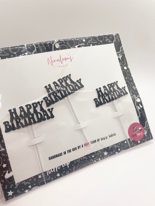 Black "Happy Birthday" Cake Topper Pack of 12