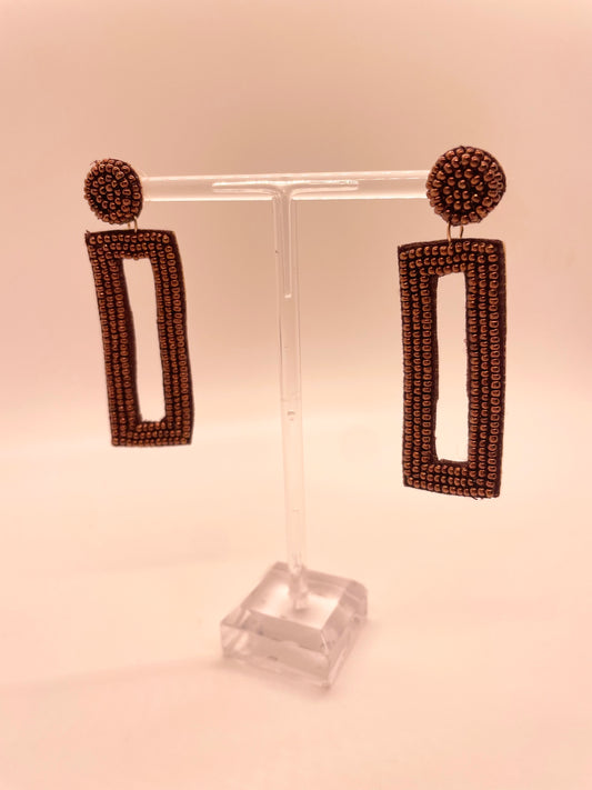 Brown Beaded Rectangular Earrings