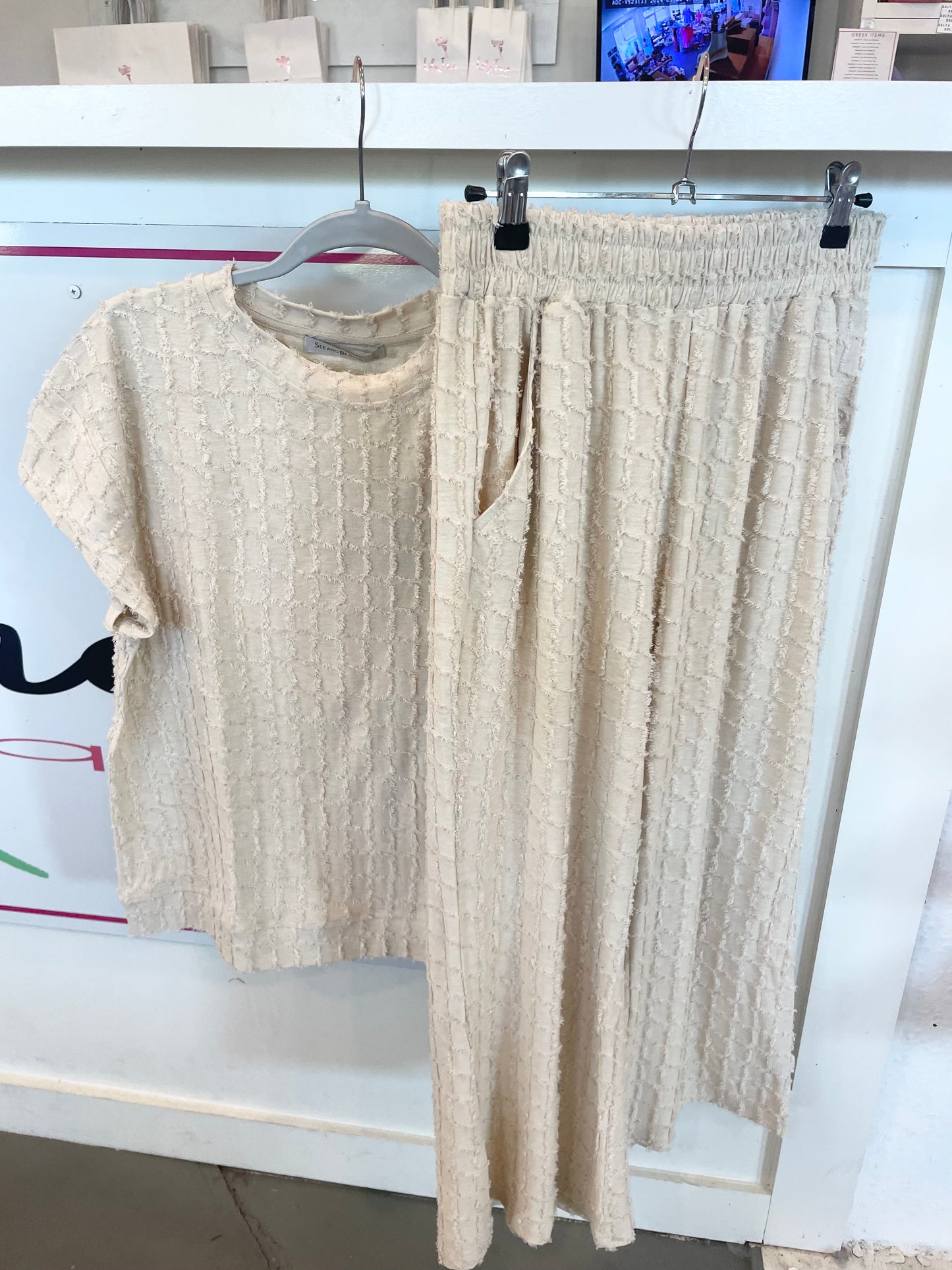 Cream Textured Cropped Pants
