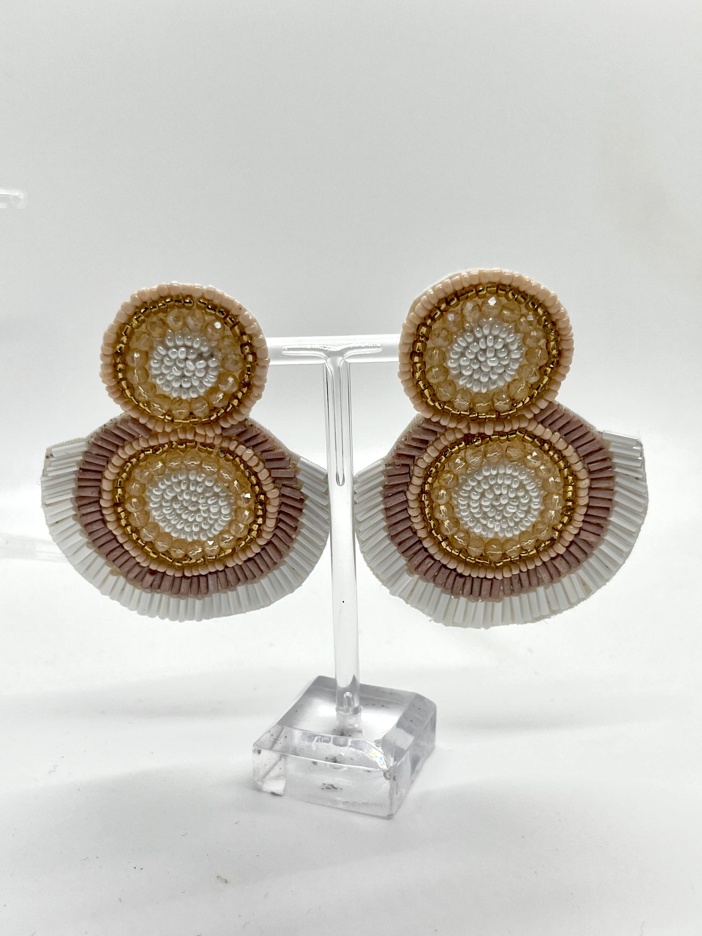 Tan and White Beaded Earrings