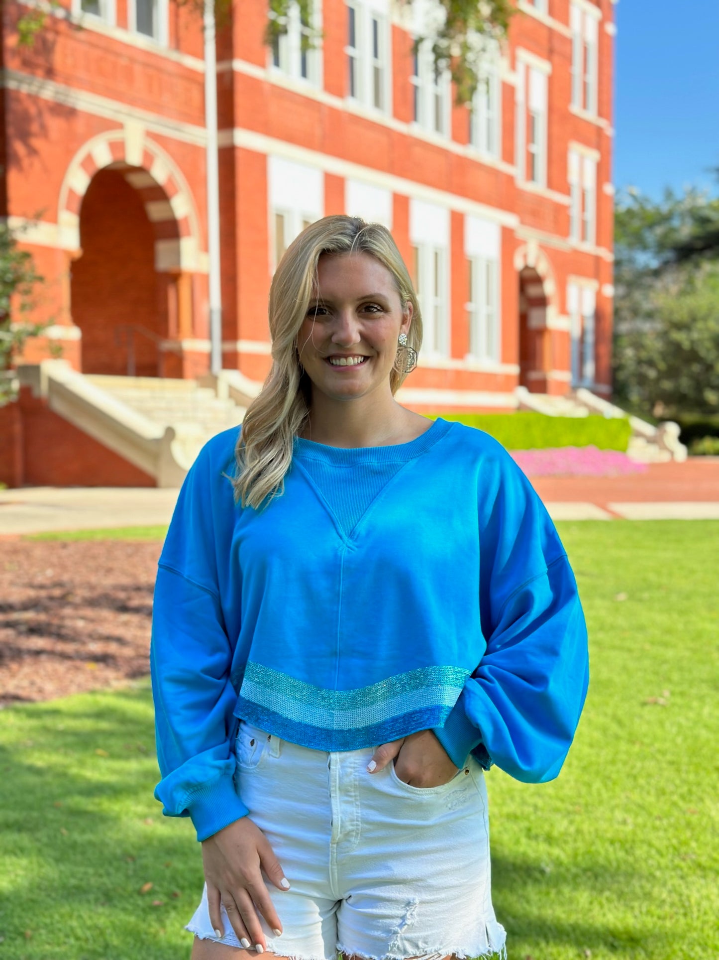 Blue Sequins Cropped Sweatshirt