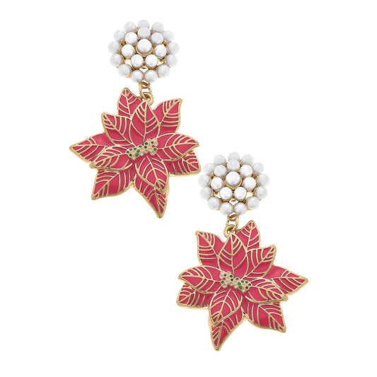 Fuchsia Poinsettia Enamel Drop Earrings