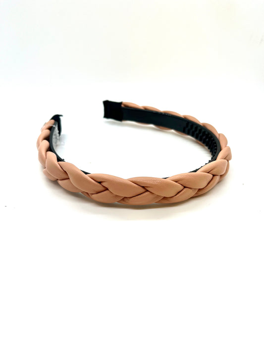Beige/Pink Leather Braided Headband