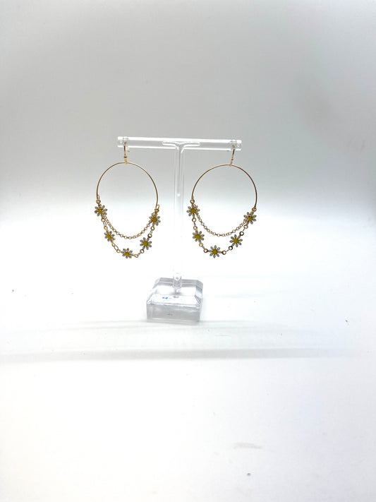 Gold Hoop with Flower Circle Earrings