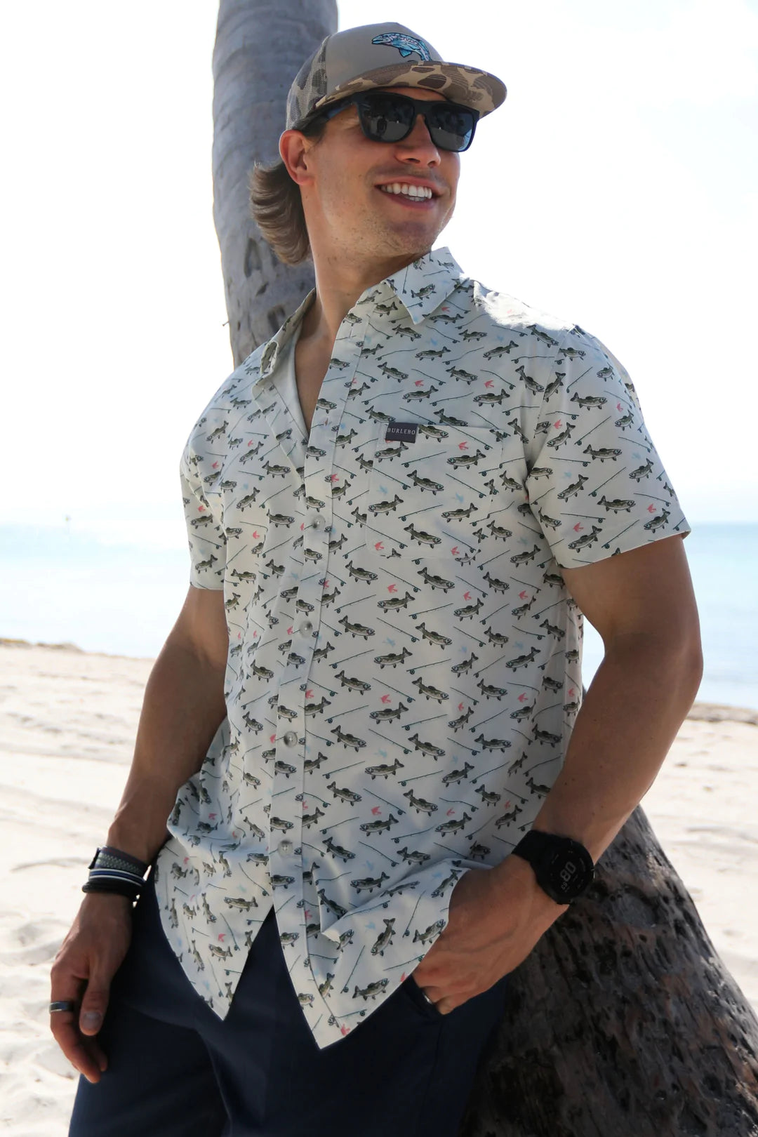 Burlebo Performance Button-Up Fish and Reel Print