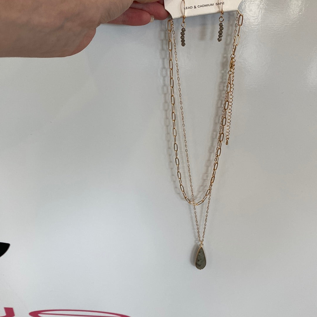 Gray Stone Double Chain Necklace Set