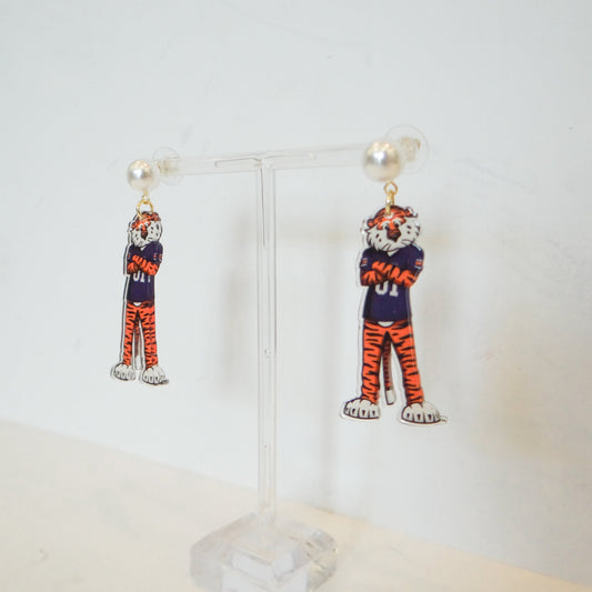 Aubie the Tiger Pearl Drop Earrings