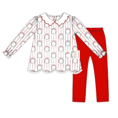 Girls Red Wreath Top and Pants Set