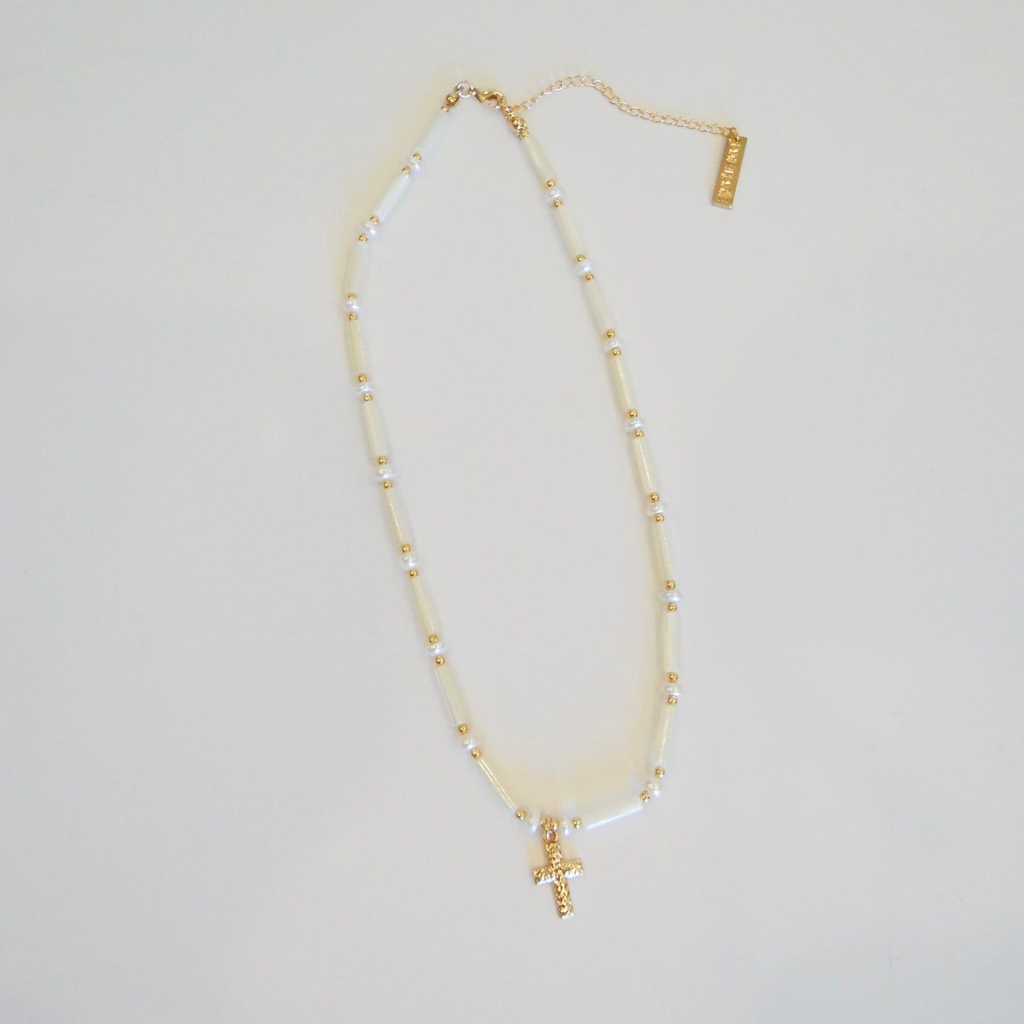 Iridescent Shell and Pearl Cross Necklace