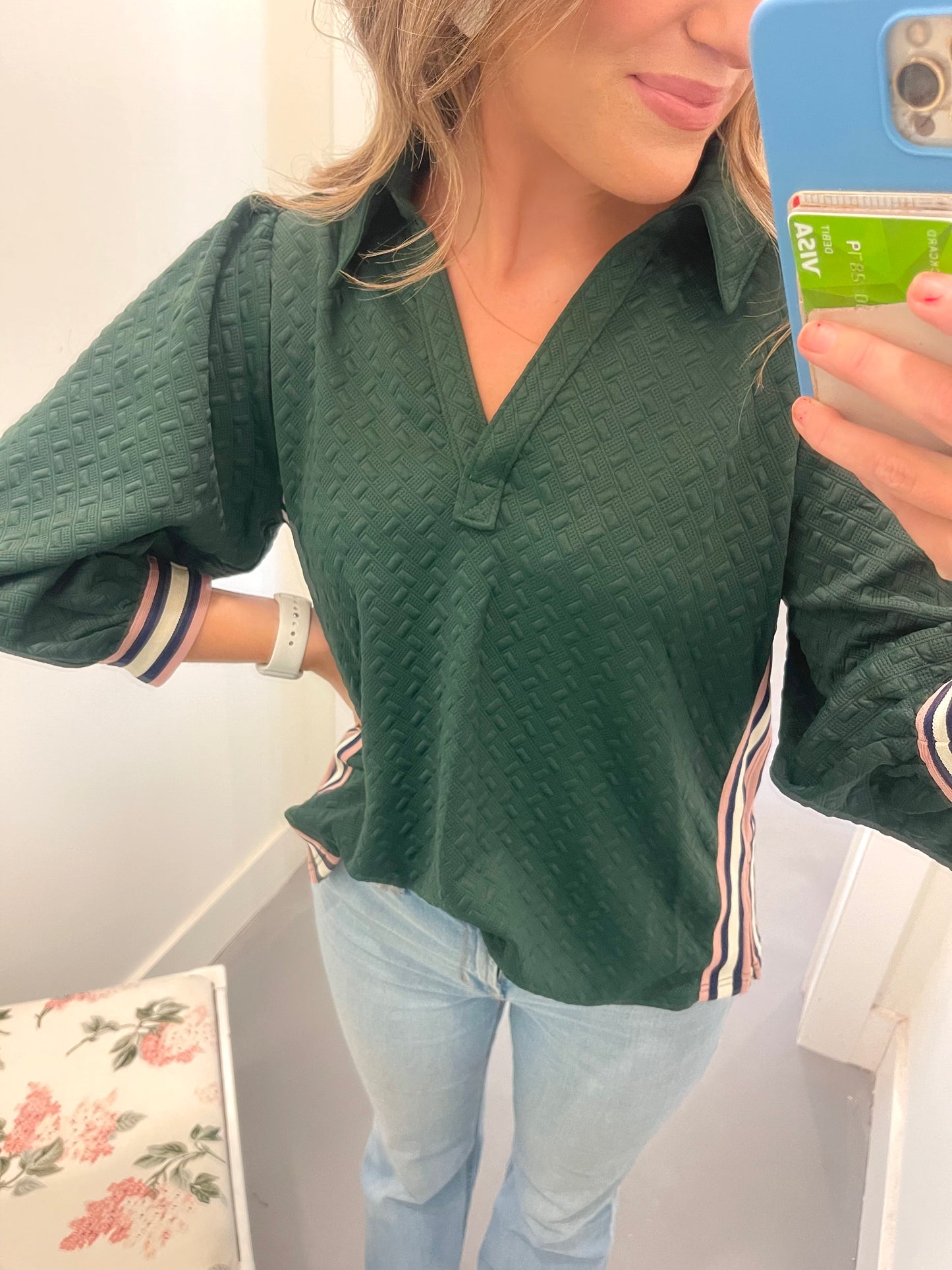 Green Quilted and Striped Top