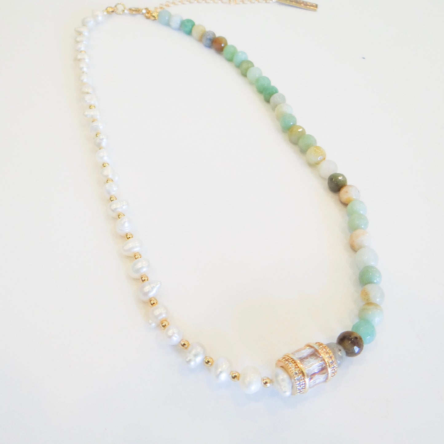Half Faceted Amazonite and Pearl Necklace