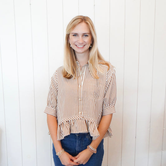 Brown Striped Ruffle Top