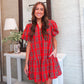 Red Plaid Puff Sleeve Dress