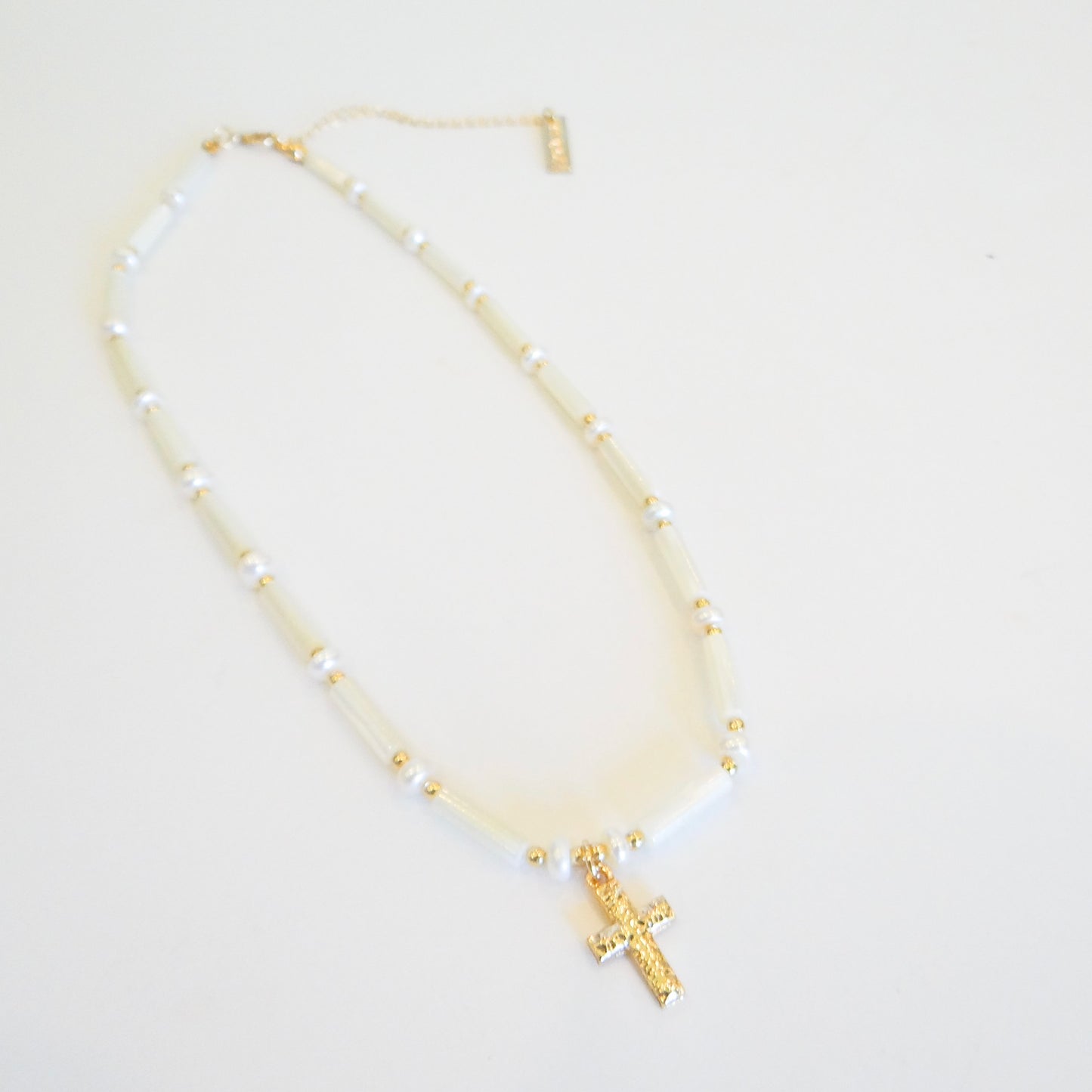 Iridescent Shell and Pearl Cross Necklace