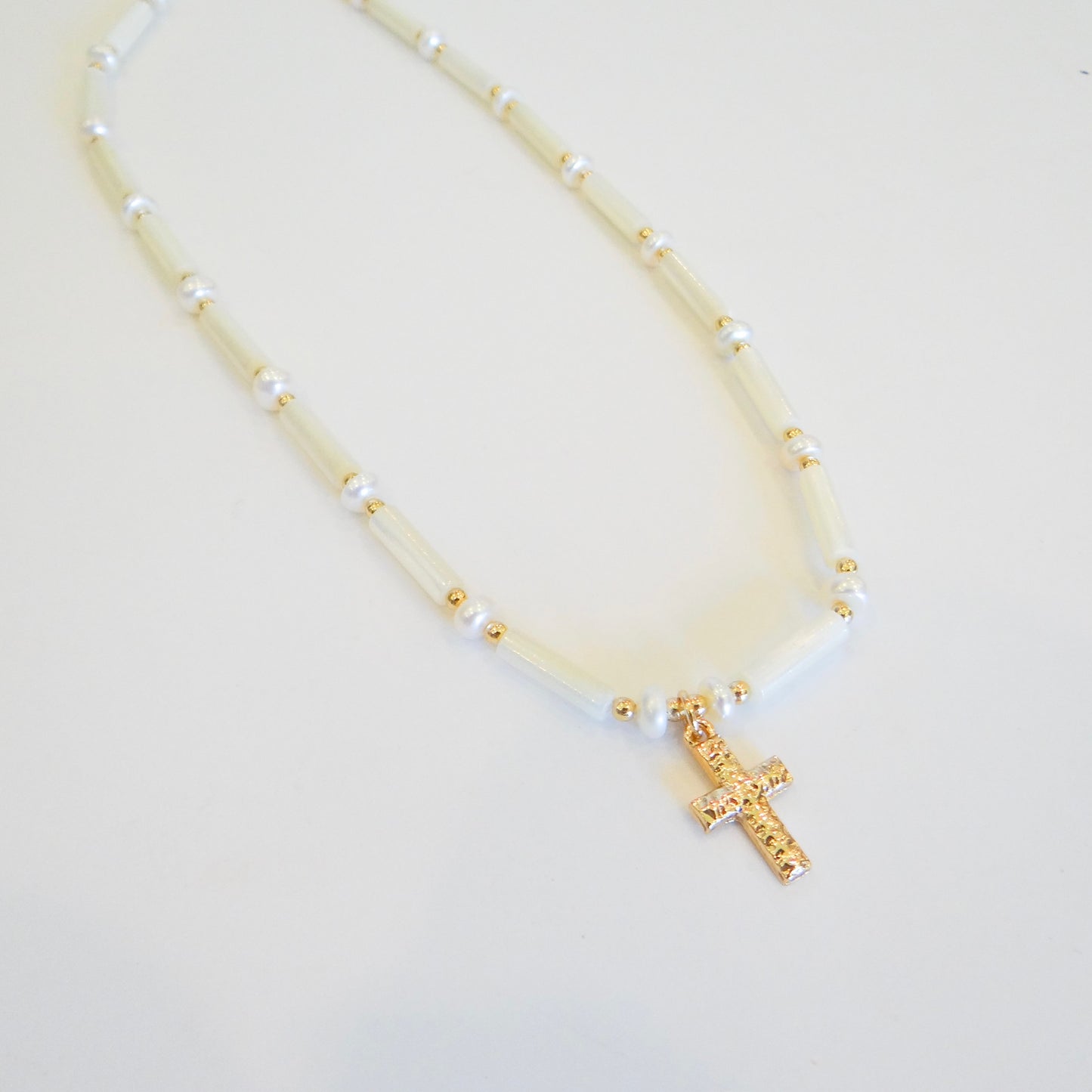 Iridescent Shell and Pearl Cross Necklace