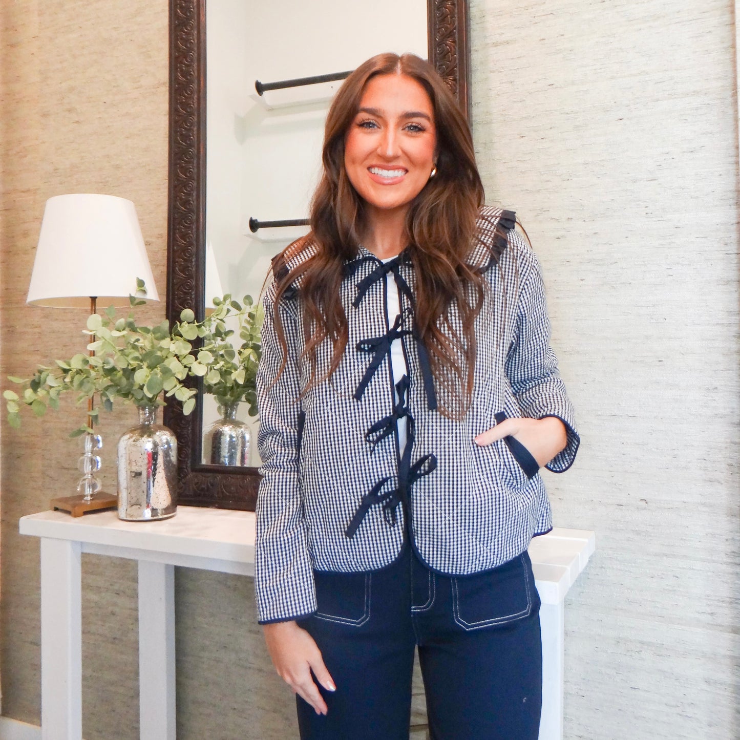 Navy Plaid Front Tie Jacket