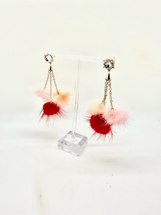 Pink and Red Fluff Balls Drop Earring