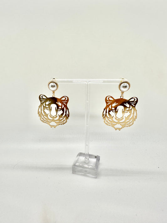 Gold Tiger Face with Pearl Drop Earring