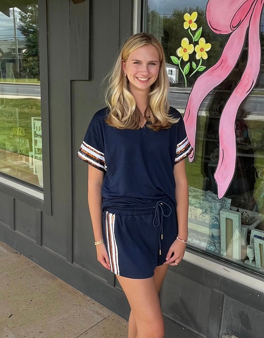 Navy Sequin Stripe Shorts