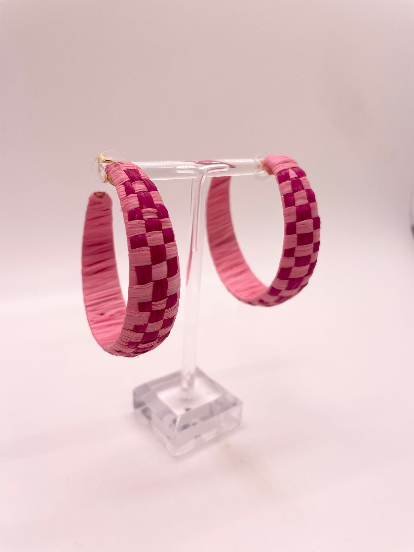 Pink Raffia Checked Pattern Hoops