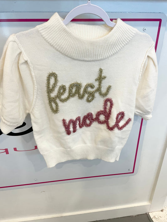 White "Feast Mode" Puff Sleeve Sweater Top