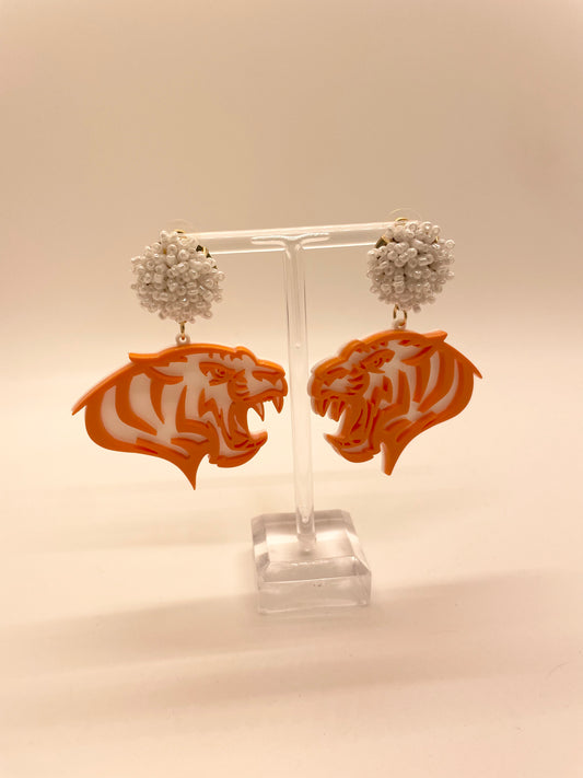 Orange Tiger Drop Earrings with White Beads