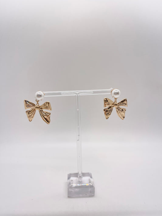 Gold Bow and Pearl Earrings