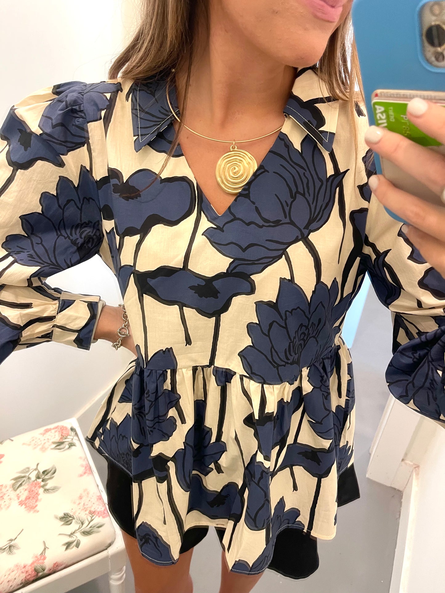 Navy Floral and Stripe Blouse