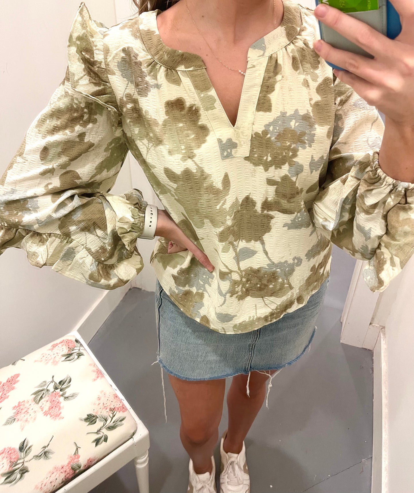 Sage Floral Ruffle Blouse