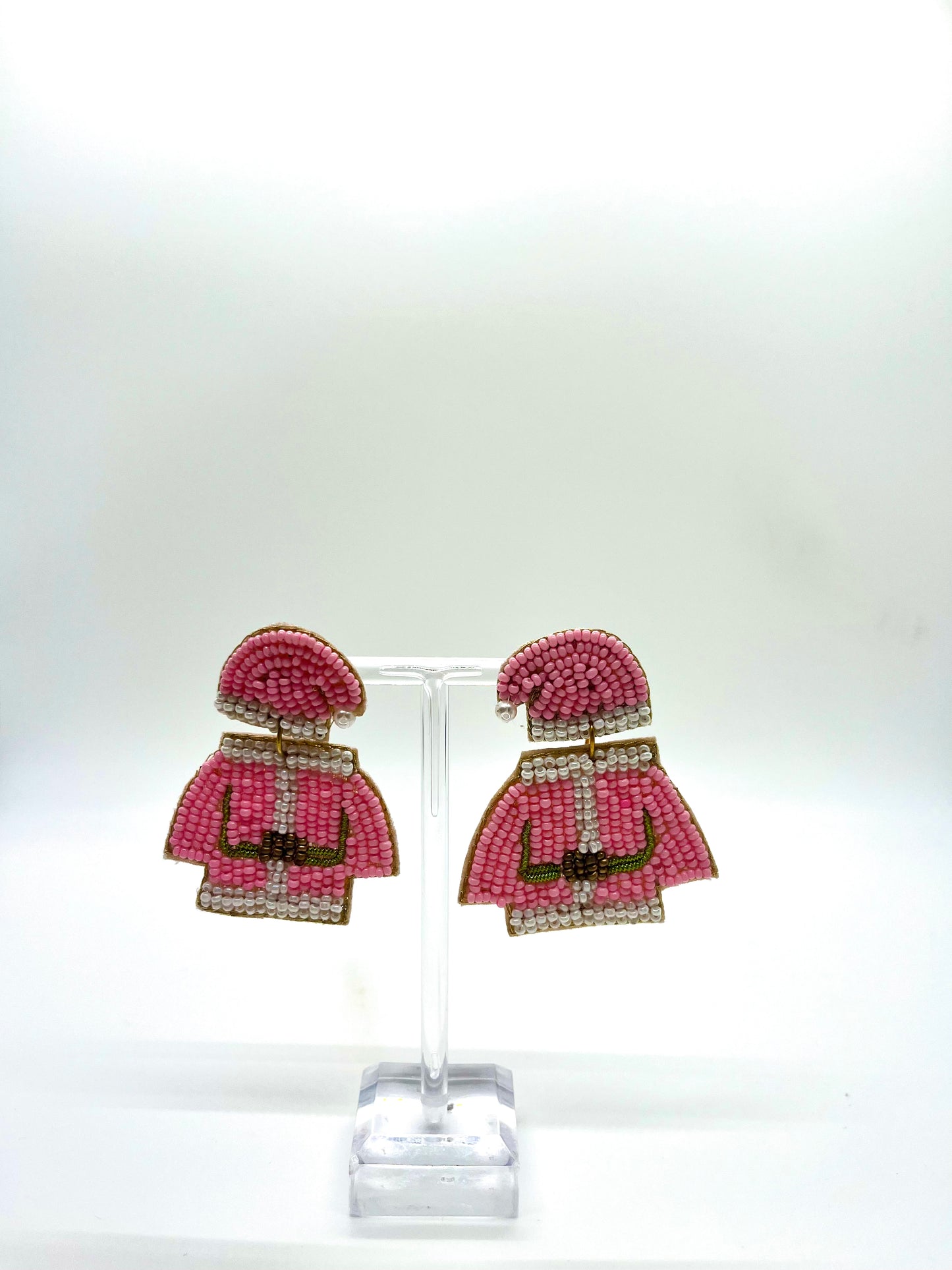 Light Pink Beaded Santa Costume Earrings