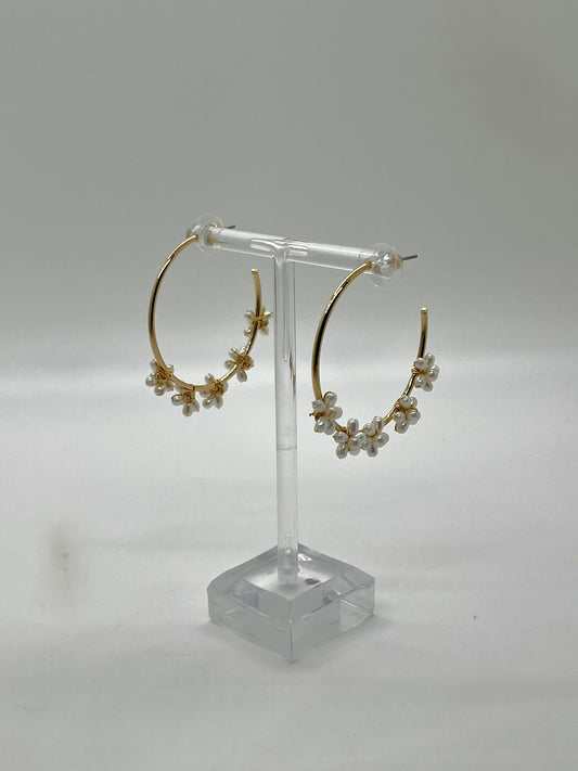 Gold Hoop with Pearl Flowers