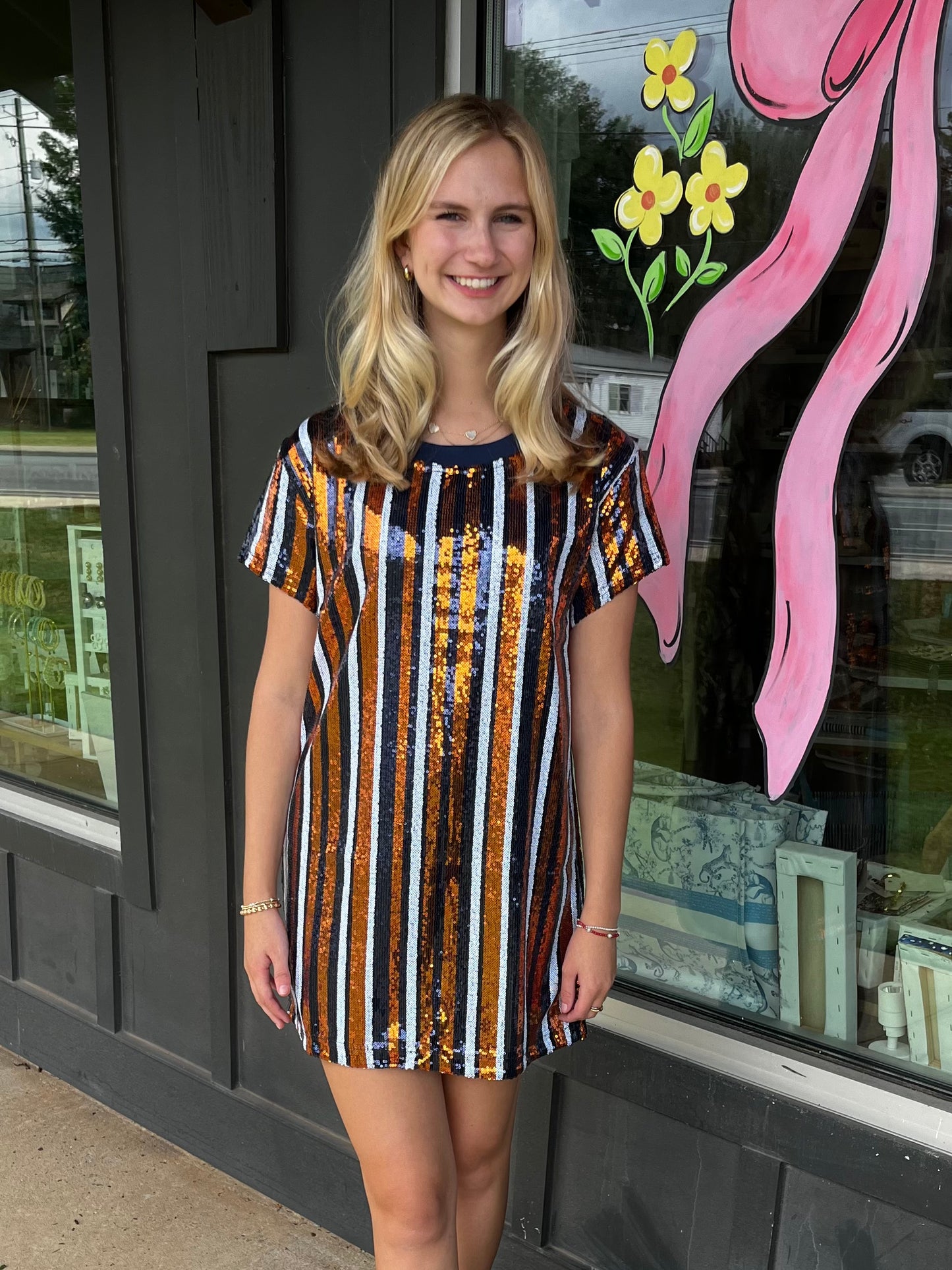 Navy and Orange Sequin Dress