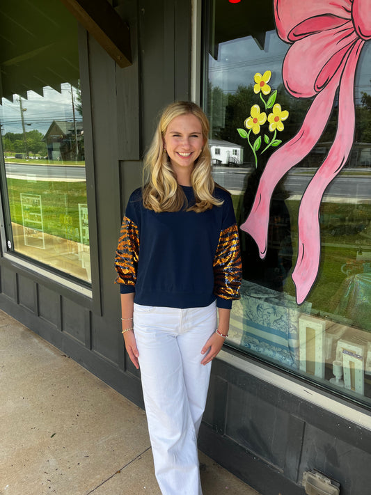 Navy Sweatshirt with Sequin Tiger Sleeves