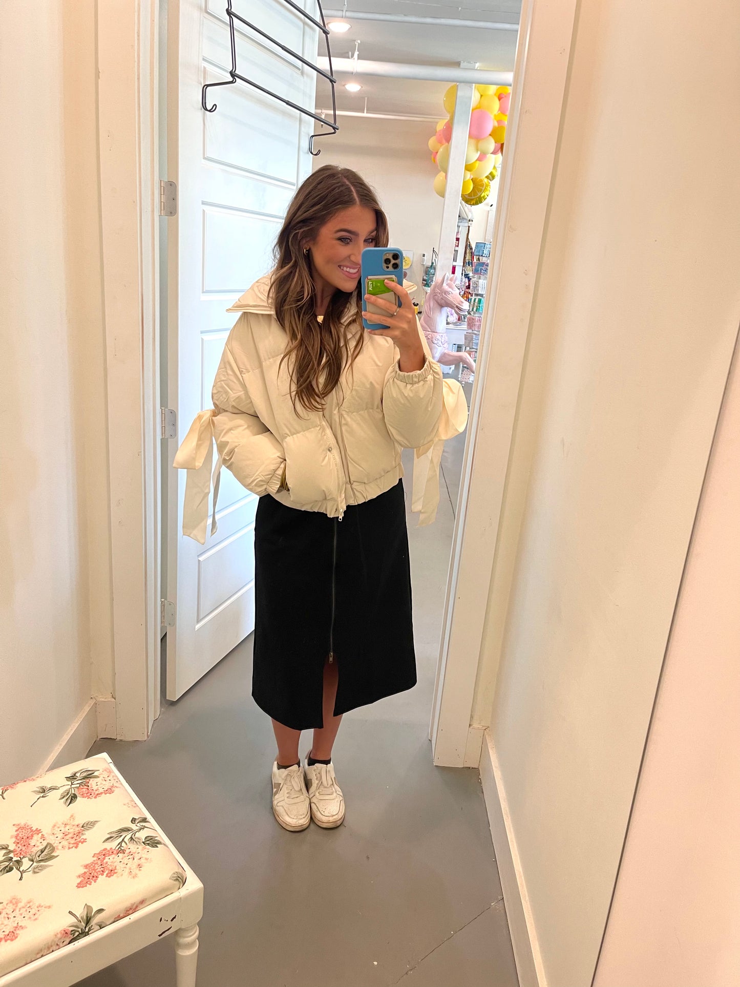 Cream Bow Sleeve Cropped Puffer