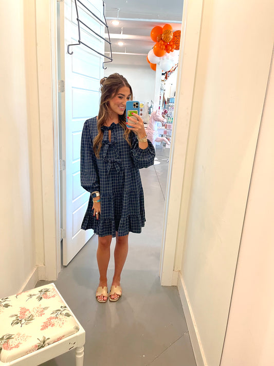 Navy Checkered Bow Dress