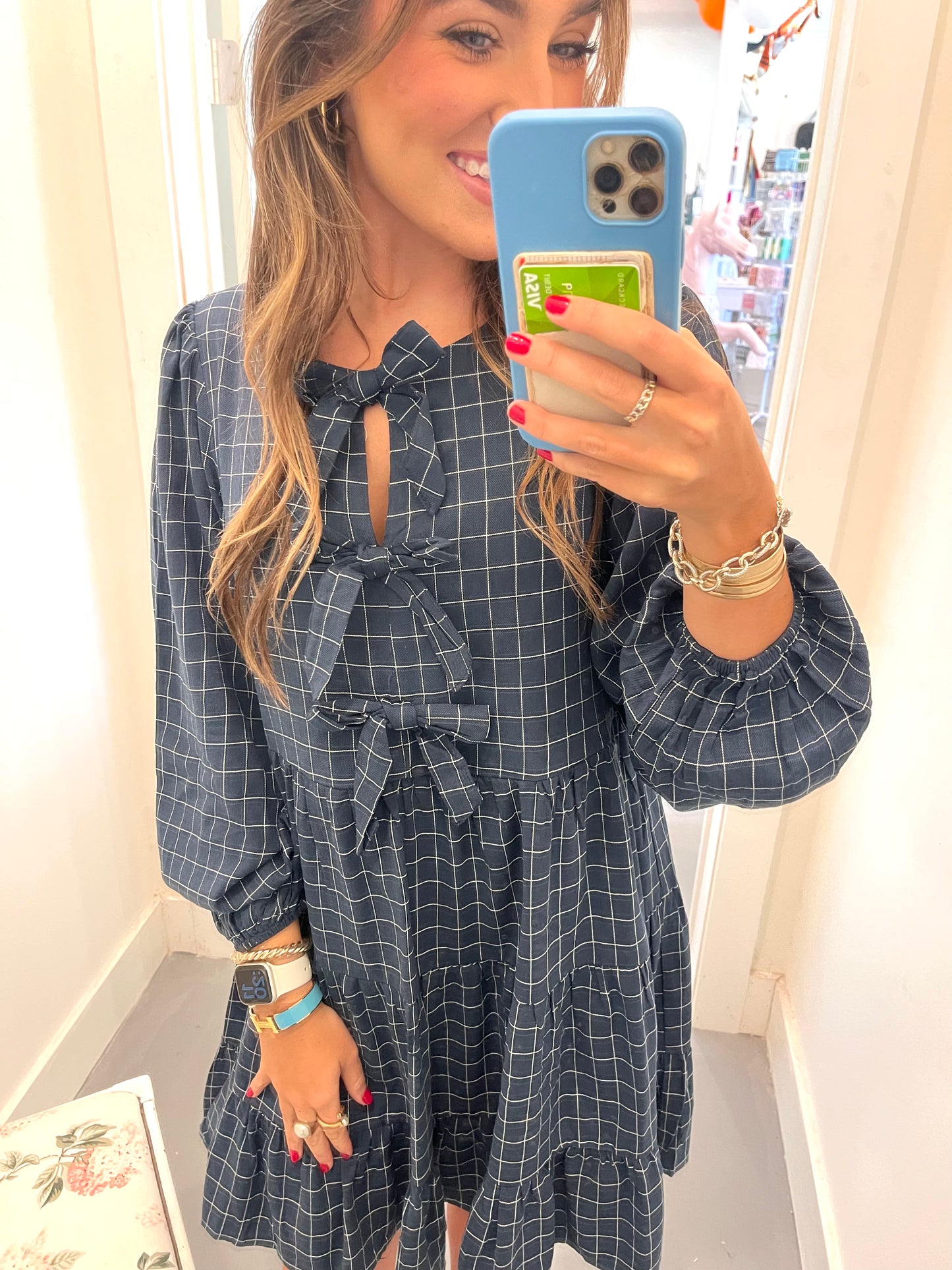 Navy Checkered Bow Dress