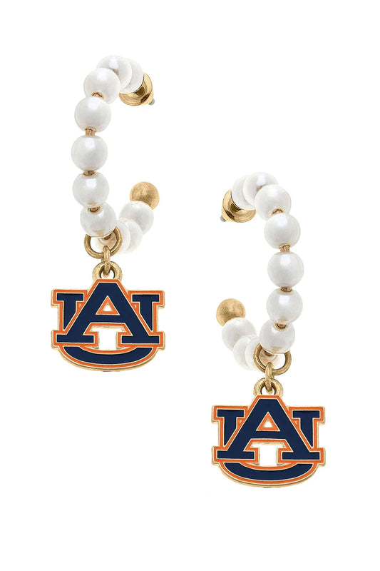 Auburn Tigers Pearl Hoop Enamel Drop Earrings