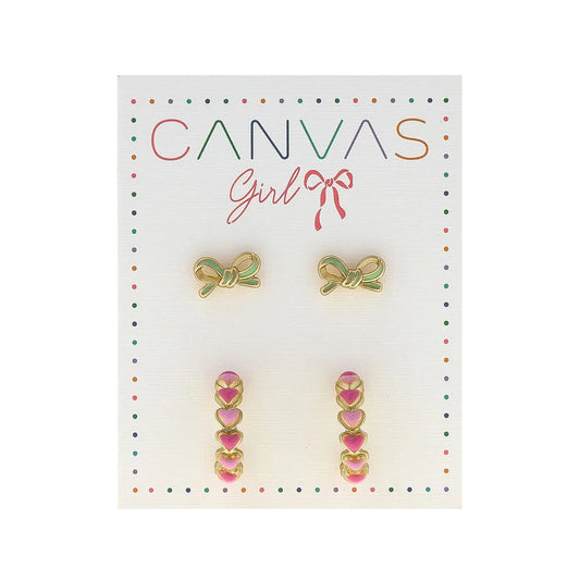 Canvas Bow Studs & Heart Hoop Earrings Set of 2
