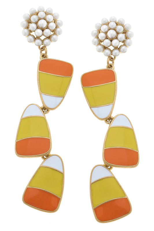 Halloween Enamel Linked Candy Corn Earrings in Orange/Yellow/White