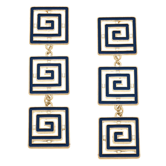 Gretchen Game Day Greek Keys Linked Enamel Earrings in Navy