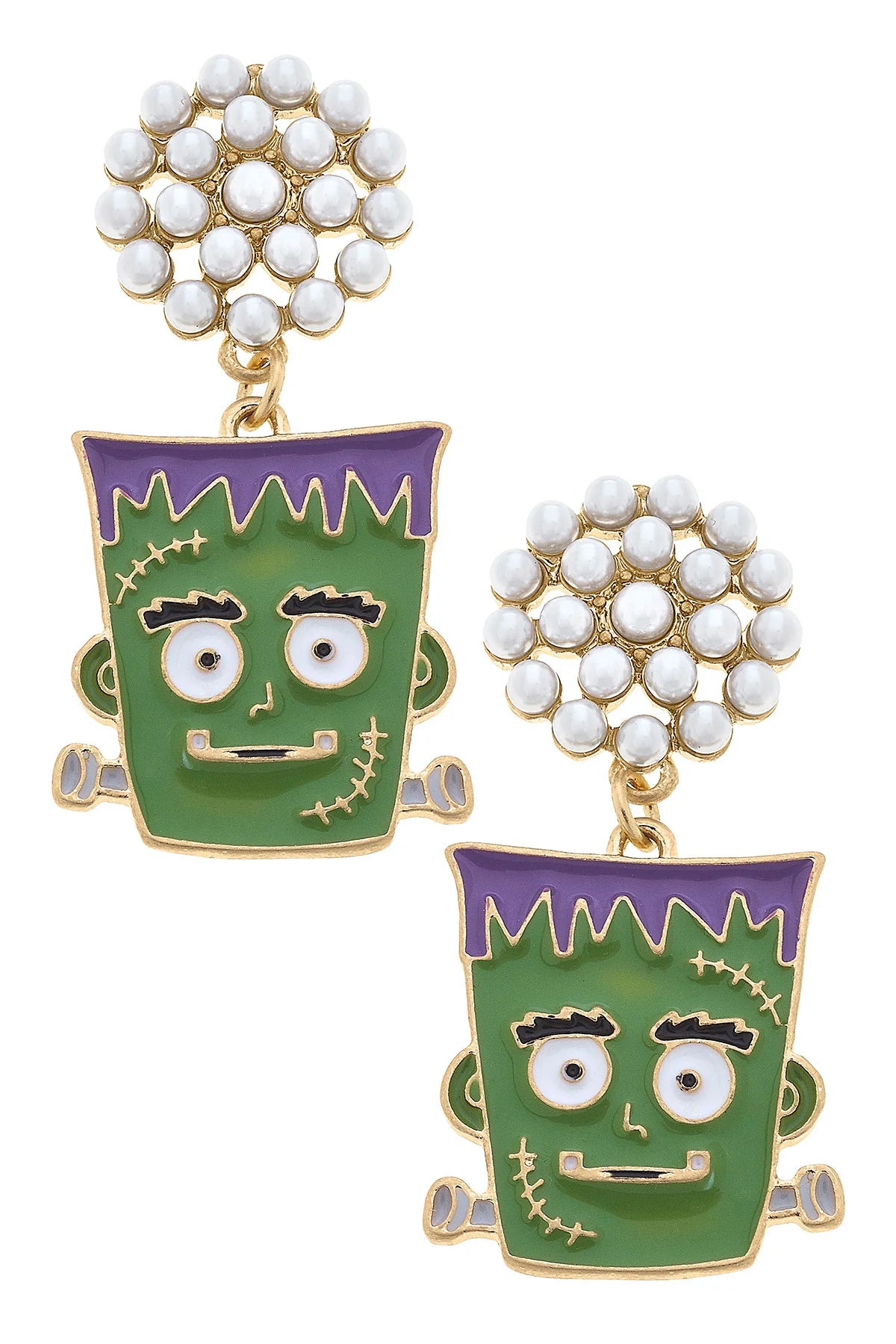 Halloween Enamel Frankenstein Earrings in Green & Purple